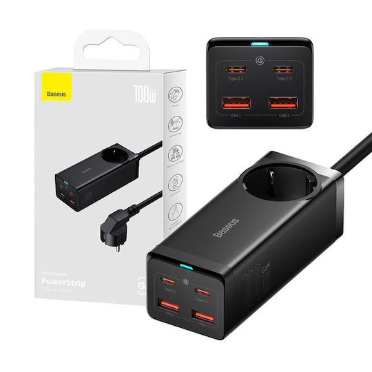 Baseus Βάση Φόρτισης GaN με 2 Θύρες USB-A και 2 Θύρες USB-C 100W Quick Charge 4.0 σε Μαύρο χρώμα (Gan3 Pro)